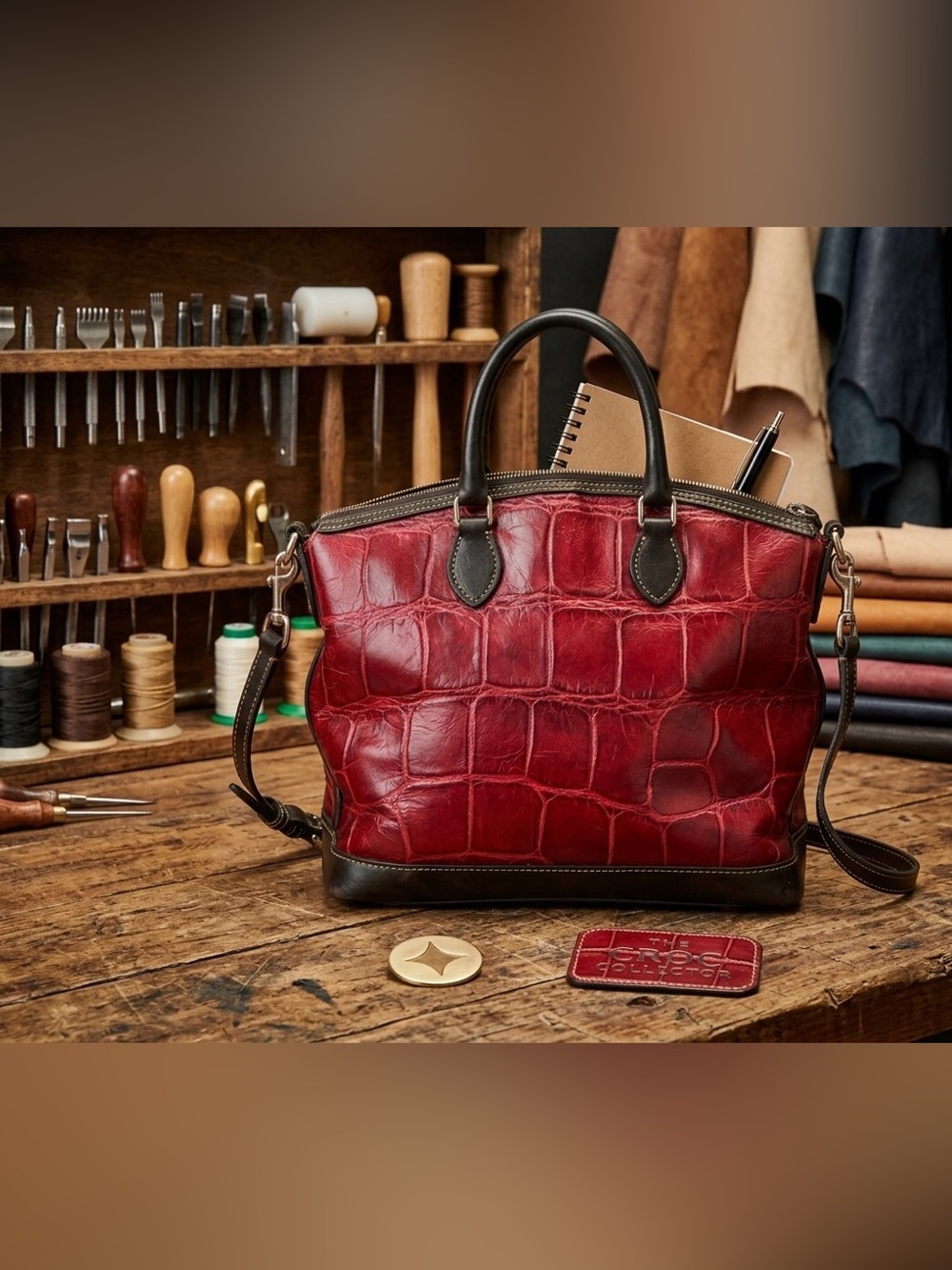 Dooney & Bourke Dillen Croco Satchel – Cranberry Red | Double Front Pockets - Picture 5 of 15